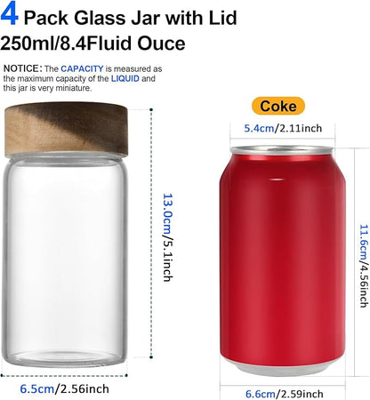 Small Glass Jars with Airtight Lid Clear Coffee Ground Storage Canister Wooden Lid Round Glass Spice Jar for Pantry Sugar Tea Bean Nuts Cookies Bath Salts (4×250ml(8.4oz))