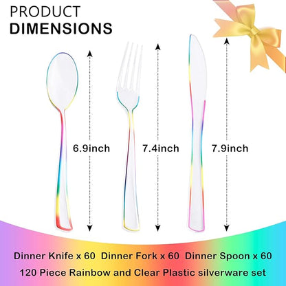 Supernal 120 PCS Clear Plastic Silverware Heavy Duty - Disposable Utensils Rainbow Colorful Silverware Set Include 40 Forks, 40 Knives and 40 Spoons for Trolls/Birthday Party, Baby Shower Decorations