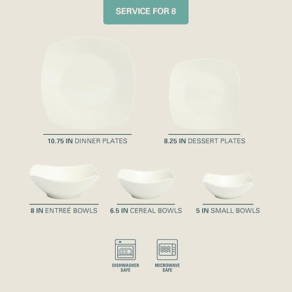 Gibson Home Brentwood 40-Piece Dinnerware Set – Square White Porcelain Plates and Bowls, Service for 8, Dishwasher & Microwave Safe, Modern Everyday Dinner Set with Cereal, Dessert, and Entrée Bowls