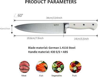 8 inch Chef Knife, High Carbon 1.4116 German Steel Kitchen Knife, Ultra Sharp Chefs Knife with Beautiful White ABS Handle, Professional Cooking Knife with Luxury Gift Box