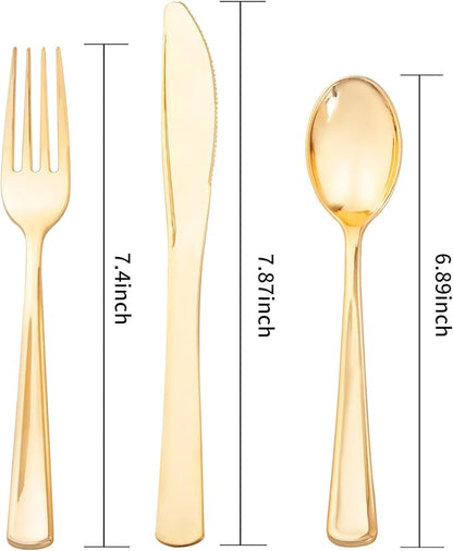 Liacere 200Pcs Gold Plastic Silverware-Gold Plastic Cutlery - Disposable Silverware include 100 Forks 50 Spoons 50 Knives Perfect for Parties&Weddings&Restaurants&Thanksgiving&Fall Decor