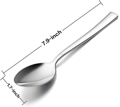 Dinner Spoons Set of 12, E-far 7.9 Inch Stainless Steel Soup Spoons Tablespoons for Home, Kitchen or Restaurant, Non-toxic & Mirror Polished, Squared Edge & Dishwasher Safe