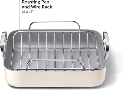 Caraway Roasting Pan - 16x13” Roasting Pan with Rack - Non-Stick Ceramic Coated - Non Toxic, PTFE & PFOA Free - Oven Safe & Compatible with All Stovetops - Cream