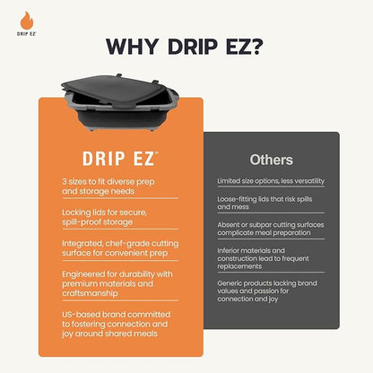 Drip EZ Collapsible BBQ Prep Tubs 3-Piece Set- For Meal Prep Marinating Food Storage - Includes Cutting Board & Lid - (1) JR - Orange + (1) OG - Orange + (1) XL - Black