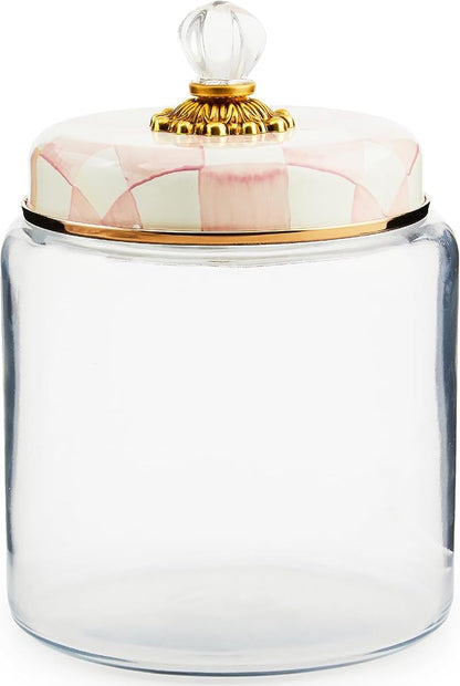 MACKENZIE-CHILDS Rosy Check Kitchen Canister, Decorative Pink-and-White Glass Storage Jar with Lid, Large