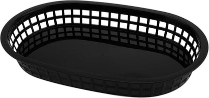 30 Pack 10.5x6.7x1.3 Inch Black Plastic Fast Food Baskets, Restaurant Serving Baskets, Flat Oval Fast Food Serving Basket for Picnic, Deli Serving, Chicken, Burgers and Fries