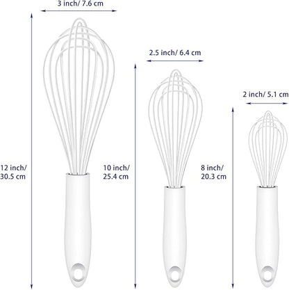 White Silicone Whisk, Sealed Waterproof Design Set of 3, Professional Kitchen Whisks for Cooking Non-Scratch, Silicone&Stainless Steel Whisk, Heat Resistant 480°F Rubber wisk, BPA free