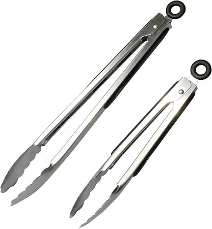 ALLTOP Metal Cooking Tongs,Stainless Steel Food Tong with No-slip Silicon and Locking Ring for Kitchen - 9 &12 inch,Set of 2-Black
