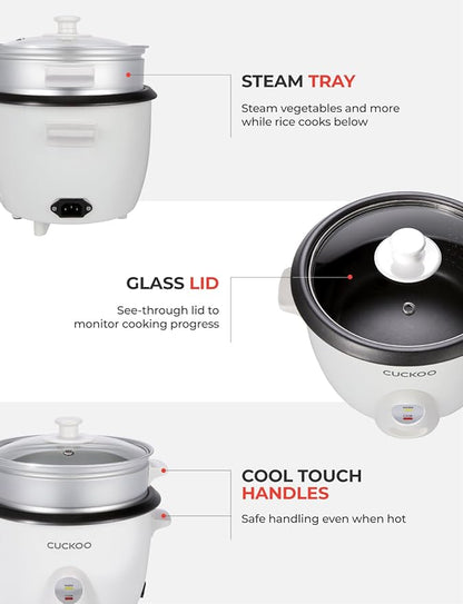 CUCKOO One Touch Rice Cooker 12-Cup Cooked, Small Rice Cooker & Warmer with Steamer Tray, Versatile Grain Cooker, Soup Maker, Auto Keep Warm, 6-Cup Uncooked, White (CR-0601C)