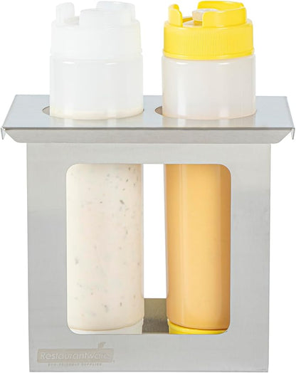Restaurantware Squeeze Bottle Holder Pack of 1 Stainless Steel 2 Hole Bottle Holder, 2.5" Diameter Fits 1/9 Size Opening, Dishwasher Friendly Integrated Lip Design Holder for Condiment Bottles