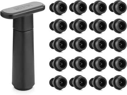 WOTOR Wine Saver Vacuum Pump with 20 Stoppers, Wine Stopper & Preserver, Reusable Bottle Sealer Keeps Fresh, Ideal Accessories Gift (Flat Handle)