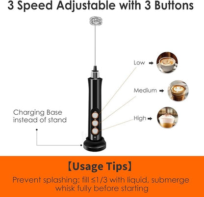 Rechargeable Milk Frother Handheld with 3 Detachable Stainless Steel Whisks, 3 Speed Adjustable Electric Whisk Foam Maker, Handheld Drink Mixer, Frother Wand for Coffee, with Storage and Charging Base