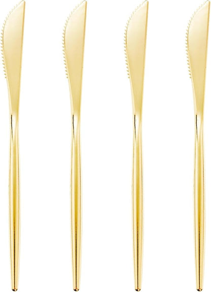 I00000 90 Pcs Gold Plastic Knives,Plastic Silverware, Gold Disposable Utensils, Heavy Duty Disposable Knives Dinnerware Perfect for Parties, Wedding & Dinners