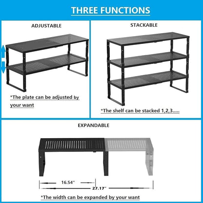 Expandable,Adjustable & Stackable Spice Rack, Cabinet Kitchen Countertop Shelf Organizer,Metal Pantry Storage Shelves - Space-Saving Storage Solution(1Pack/Black/Large)