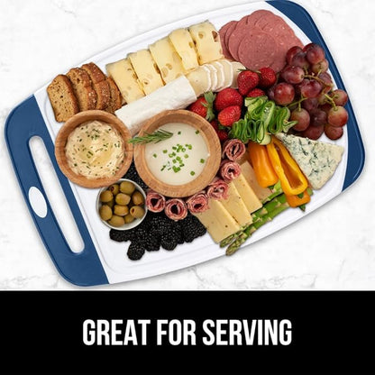 GORILLA GRIP BPA-Free Reversible Kitchen Cutting Board Set of 3, US Designed, Nonporous, Juice Grooves Catch Liquid, Slip Resistant Border, Dishwasher Safe Large Food Chopping Boards, Red Blue Green
