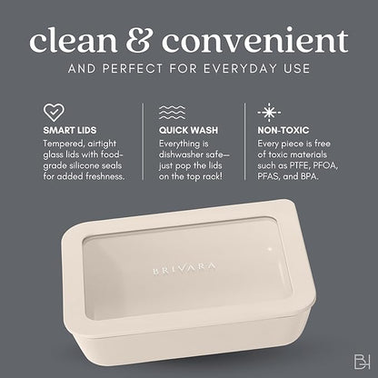 Ceramic Coated Glass Food Storage Container | No PTFE, PFOA, PFAS, and BPA | Reusable Non Toxic Meal Prep Container with Glass Lid | Easy To Store | 5 Cup Square [Crema]