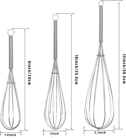 Mini Wire Whisk, 3-Pack - 8, 10 & 12 Inch Small Whisk for Cooking - Ergonomic Spiral Handle, 304 Stainless Steel - Ideal for Whisking, Beating, Blending & Mixing Sauces - Silver