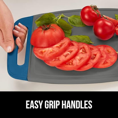 GORILLA GRIP BPA-Free Reversible Kitchen Cutting Board Set of 3, US Designed, Nonporous, Juice Grooves Catch Liquid, Slip Resistant Border, Dishwasher Safe, Durable Food Chopping Boards, Blue Gray
