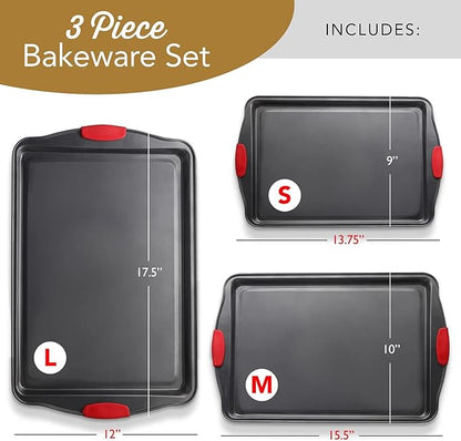 Baking Sheet Set, 3-Piece Cookie Sheet Set with Silicone Handles, Steel Baking Pans Set, Durable Baking Sheets for Oven, BPA Free Cookie Sheets for Baking Nonstick Set, Sheet Pan - Black Baking Pan