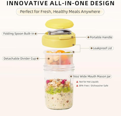 4 Pack Overnight Oats Containers with Lids and Handles, Folding Spoons & Divided Compartments for Fruit & Nuts, 16oz Glass Mason Jars for Oatmeal, Meal Prep & Breakfast (Blue/Green/Yellow/Green)