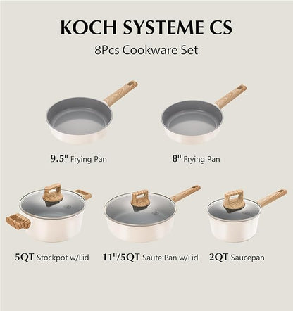 KOCH SYSTEME CS Nonstick Ceramic Cookware Set, 8 Piece Pots and Pans Set with Stay-Cool Handles, Non-toxic Ceramic Kitchen Cooking Set, Induction Compatible Dishwasher Safe, PFAS and PFOA Free, 8pcs