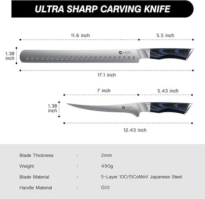 FINTISO Professional BBQ Carving Knife Set, Brisket Slicing and Fillet Knife for Meat Cutting, Japanese High Carbon Steel Slicing Knives with G10 Handle, Full Tang Ultra Sharp Meat Cleaver