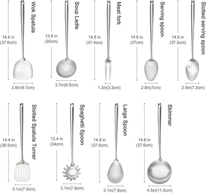 18/10 Stainless Steel Kitchen Utensils Set,9 Pcs Professional All Metal Cooking Utensils Set with Wok Spatula,Soup Ladle,Skimmer,Slotted Spatula Turner,Spaghetti Spoon,Large Spoon(Dishwasher Safe)