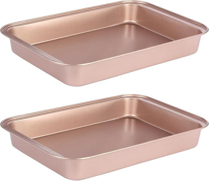 9x13 Baking Pan, Rectangle Cake Pan Nonstick, Bakeware Baking Pans for Oven, Easy Clean, Carbon Steel Cake Pan for Lasagna Brownies Casseroles Cakes Pan, Rose Gold