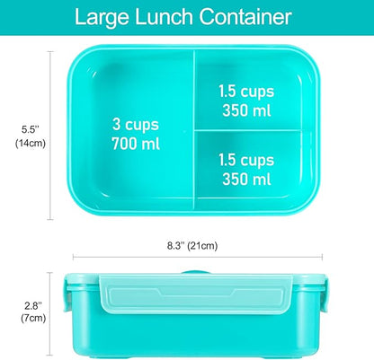 Caperci Classic Bento Box Adult Lunch Box for Older Kids - Leakpoof 47 oz 3-Compartment Lunch Containers for Adults and Teens, Built-in Utensil Set, Ideal for On-the-Go Balanced Eating, Aqua