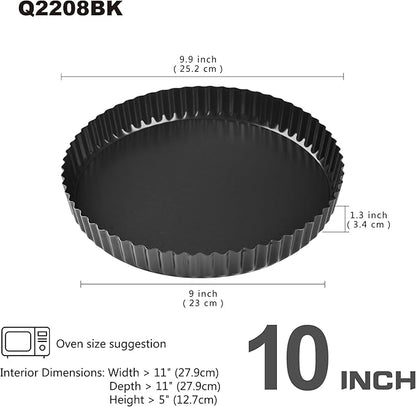 10-Inch Round Tart Pan with Loose Removable Bottom, Non-Stick Carbon Steel Quiche Pan for Oven Baking (Black)