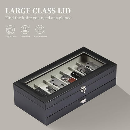 AUTOARK 2-Tier PU Leather & Velvet Knife Organizer with 17 Slots,Transparent Glass Top & Drawer,Compact Storage for Pocket Knives,Perfect for Men's Collections & Gifts,Black,MKAW015
