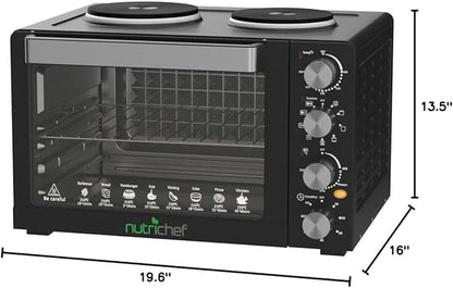 NutriChef 30 Quart Kitchen Convection Oven & 2 Burner Cooker - 1500 Watt Oven - 7 Cook Functions Rotisserie, Cook, Bake, Broil & More - Includes Baking Tray, Skewers & Handles - 19.6 x 16.0 x 13.5 IN