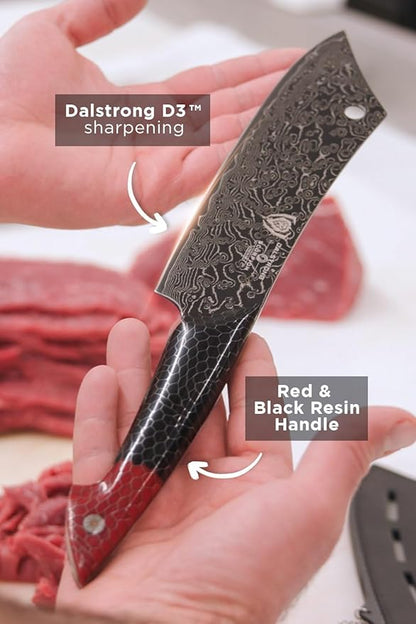 Dalstrong Crixus Chef Knife - 8 inch - Scorpion Series - Exclusive Japanese V12 Ultra™ Steel - Black Damascus - Black & Red Honeycomb Resin Handle - Versatile Chopping Kitchen Knife Leather Sheath