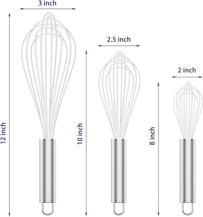 White Silicone Whisk, Professional Whisks For Cooking Non-Scratch, Stainless Steel & Silicone Wisk, Plastic Rubber Whisk Tool For Nonstick Cookware Pans, BPA free, Silicon Wisks Set of 3