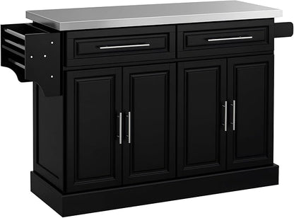 HOMCOM Rolling Kitchen Island Cart with Wheels, Portable Island Table for Kitchen with Stainless Steel Top, Adjustable Shelves, 2 Drawers, Spice, Knife and Towel Rack, Black