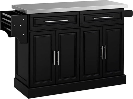 HOMCOM Rolling Kitchen Island Cart with Wheels, Portable Island Table for Kitchen with Stainless Steel Top, Adjustable Shelves, 2 Drawers, Spice, Knife and Towel Rack, Black