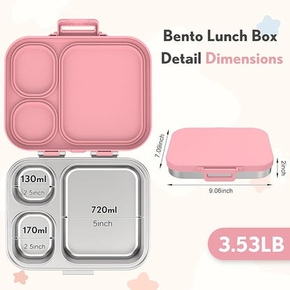 Stainless Steel Bento Box Kids, Leak Proof Metal Bento Lunch Box,3 Compartments 304 Stainless Steel Bento Lunch Containers for School and Office, BPA-Free(Pink)