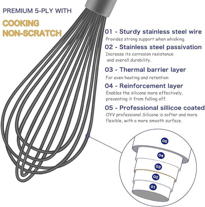 Dishwasher Safe Whisk, Professional Whisks For Cooking Non-Scratch, Stainless Steel & Silicone Wisk, Plastic Rubber Whisk Tool For Nonstick Cookware Pans, Heat Resistant Whisk 12-Inch, Grey