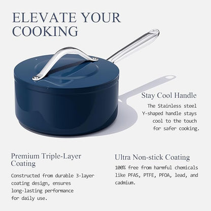 3.5QT Nonstick Ceramic Sauce Pan with Lid 8" Soup Pot Even Heat Distribution, Non Toxic PFAS-Free Healthy Cooking Pot for All Stovetops (Induction/Gas/Electric) Oven Safe 500°F, Navy Blue