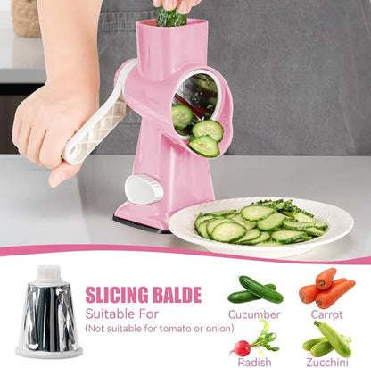 KEOUKE Rotary Cheese Grater Hand Crank Pink - Shredder Slicer Grinder 3 Stainless Steel Blades, Stable Suction, Labor-Saving Handle, Safe Kitchen Tool for Cheese, Vegetable, Nuts, Chocolate