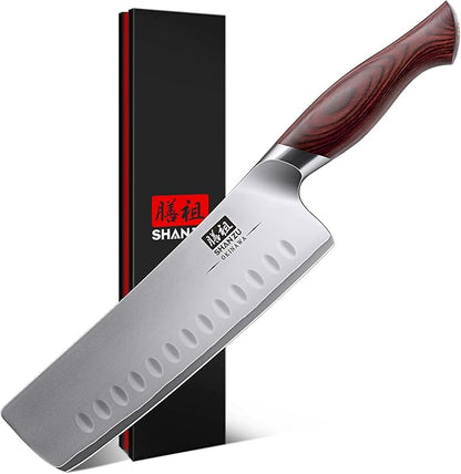 7 Inch Nakiri Knife, Japanese 10Cr15MoV High Carbon Stainless Steel Chopping Chef Knife, Professional Sharp Multipurpose Asian Kitchen Vegetable Cleaver Knife with Ergonomic Pakkawood Handle