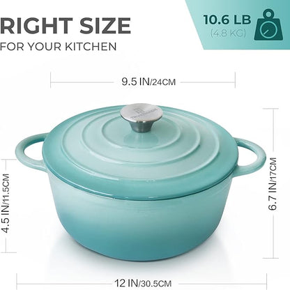 Trustmade 4.5 QT Cast Iron Dutch Oven, Enamel Coated Cookware Pot with Self Basting Lid for Home Baking, Braiser, Cooking, Aqua