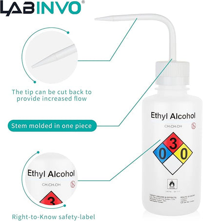 Ethyl Alcohol Wash Bottles, 1PC of Vol.500ml (17oz), Narrow Mouth, Self-Venting Safety Wash Bottles, LDPE Material,IN-WBE501