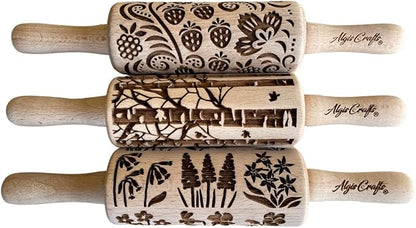 SEASONS 3 Mini Embossed Rolling Pin Set. Wooden Laser Cut Mini Rolling Pins for cookies or clay with spring flowers, tulips, daffodils, strawberries, raspberries, birch, trees by Algis Crafts
