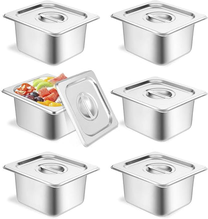 6 Set Hotel Pan 1/6 Size 4 Inch Deep Stainless Steam Table Pans with Lids Stackable Commercial Anti Jam Metal Steam Tray Catering Food Storage Steel Pan for Hotel Restaurant Buffet Party Supplies