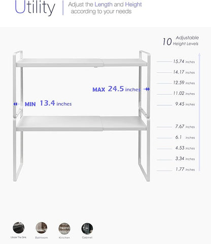 Nxconsu 2Pack Cabinet Shelf Organizer Expandable 5 Heights Adjustable Stackable Rack Riser for Kitchen Pantry Cupboard Under Sink Organization Storage Space Saver Heavy Duty Metal White