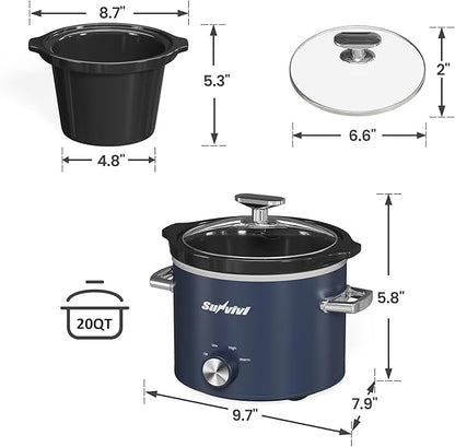 Sunvivi 2 Quart Slow Cooker, Small Slow Cooker with Removable Ceramic Pot, Food Warmer with 3 Heating Settings & Dishwasher Safe Glass Lid, Blue