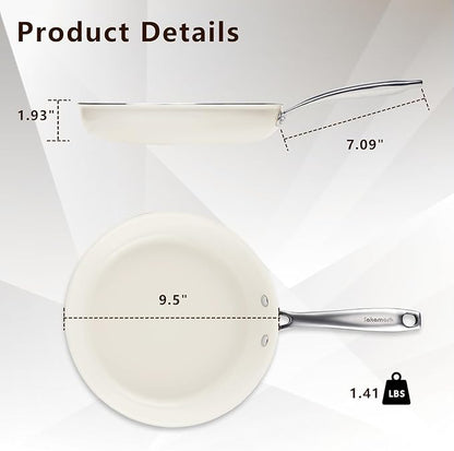 9.5" Ceramic Frying Pan Nonstick, Skillet, Cooking Pan Non Toxic with Stay Cool Handle for Induction, Chef's Pan, PTFE & PFAS & PFOA Free, Dishwasher/Oven Safe, White