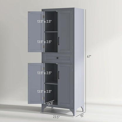 HOMCOM 67" Tall Freestanding Kitchen Pantry Cabinet, 4-Door Storage Cabinet with Drawer and Adjustable Shelves for Dining Room, Gray