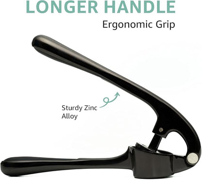 GD Black Garlic Press Crusher Mincer Tool - Stainless Steel Garlic Press, Dishwasher Safe & Rust Proof, Easy-Squeeze Garlic Crusher with Ergonomic Handle - Includes Silicone Peeler & Brush (Black)